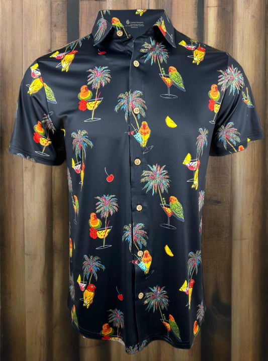 CASTAWAY Mens Performance Button Up Shirt Cocktails in Paradise